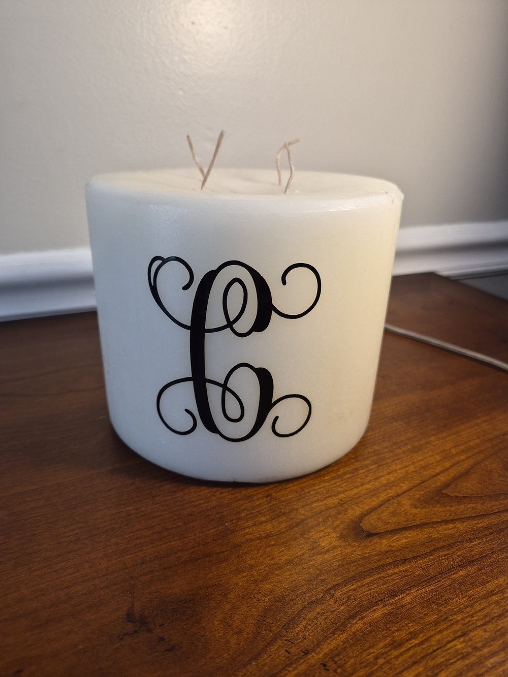 White Pillar Candle with Black Monogram 'C' & Floral Scent